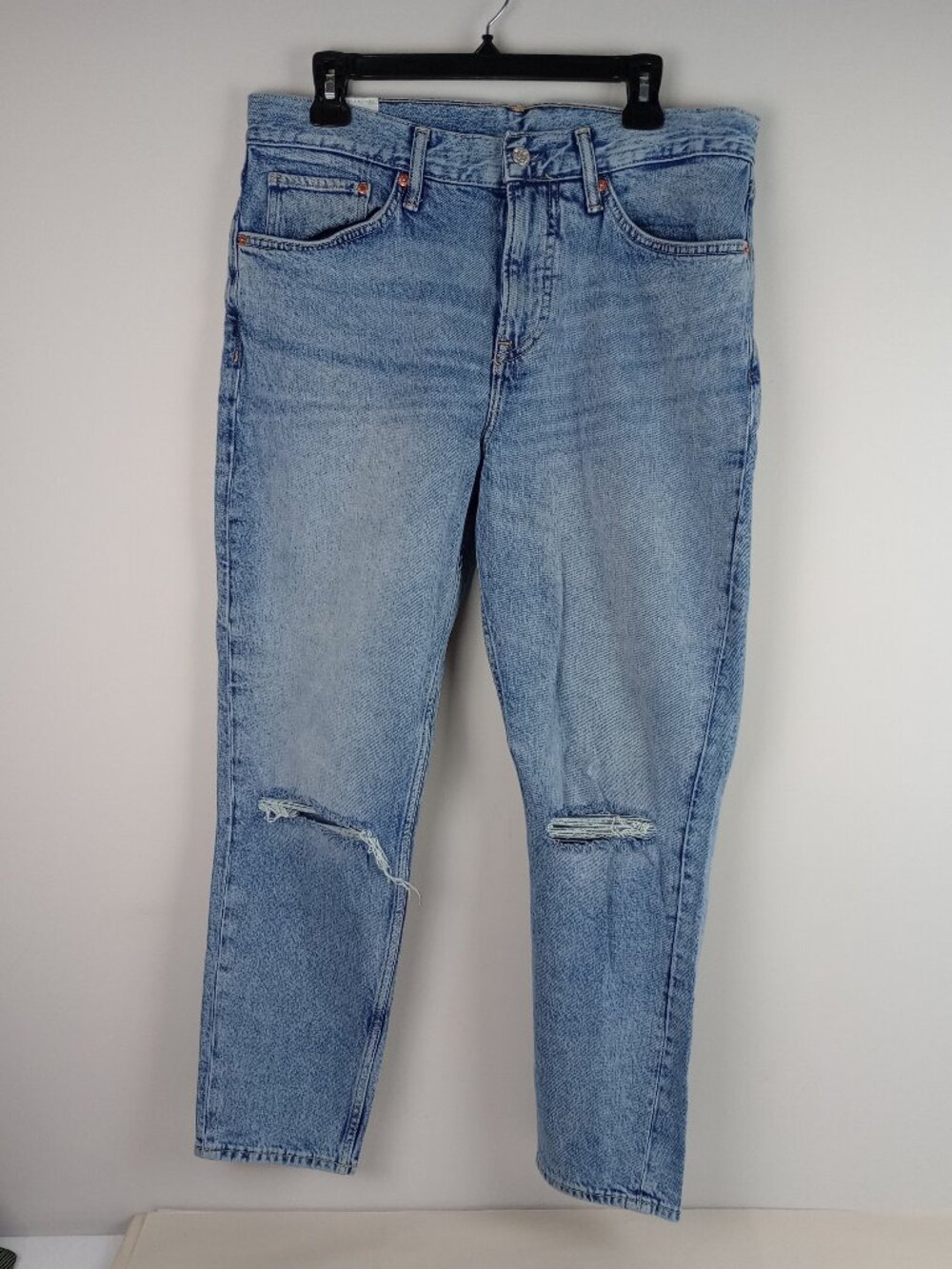 H&M Mens 34/32 Light Blue Stretch Denim Distressed Knees Slim Fit Cropped Jeans